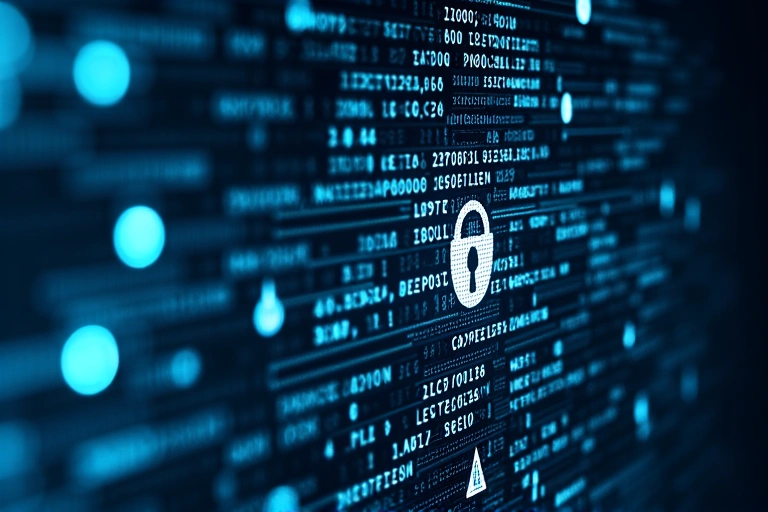 Ψηφιακός κώδικας και σύμβολα ασφαλείας, που αντιπροσωπεύουν την προστασία δεδομένων και τις απαγορευμένες ενέργειες στον ιστότοπο.